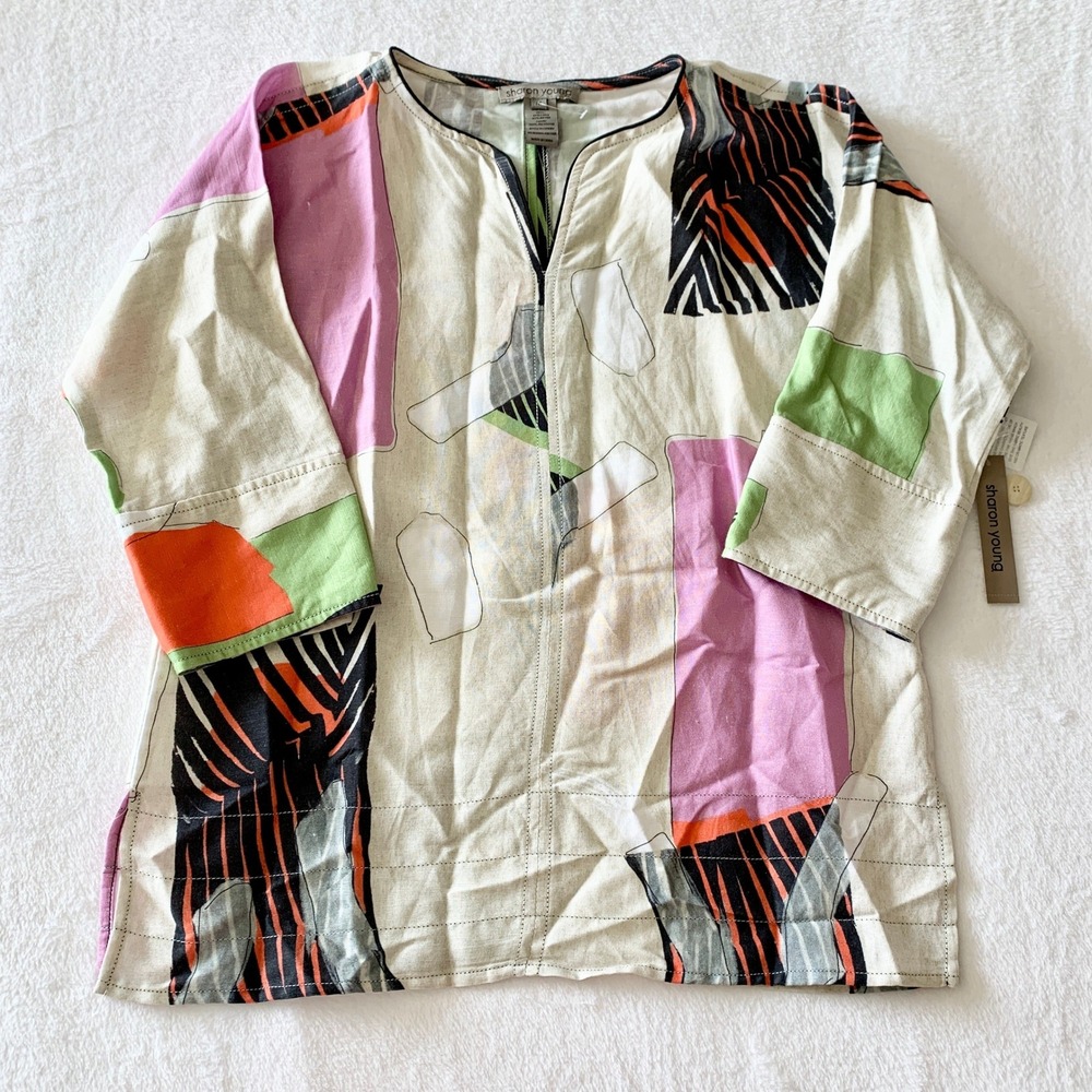 Sharon Young Frosted Abstract Tunic Womens Sz M Multi Color Linen Rayon S11328BM